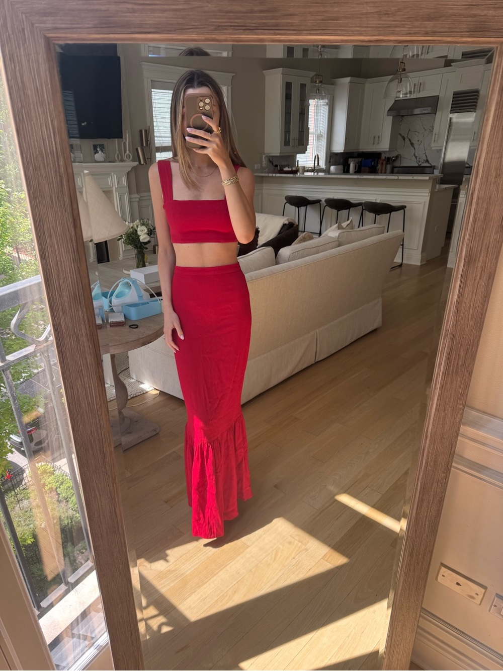 Reformation Red Two-Piece Maxi Skirt Set